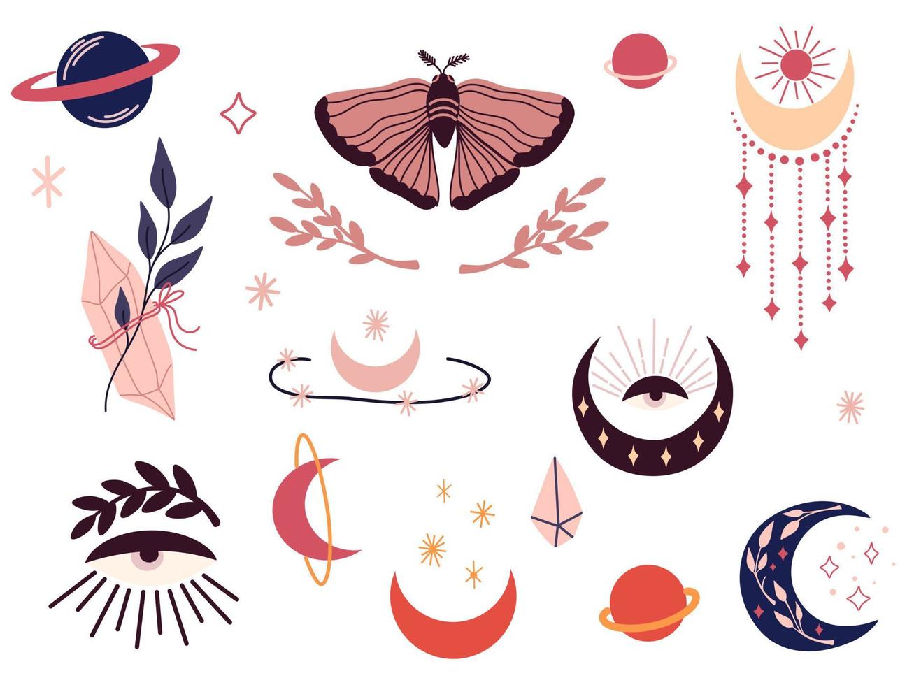 Mystical elements. Planets, stars, moon, moon, moth, crystals, sun and constellations. Boho elements are ideal for printing, postcards, tarot, banners and design. Hand draw vector illustration