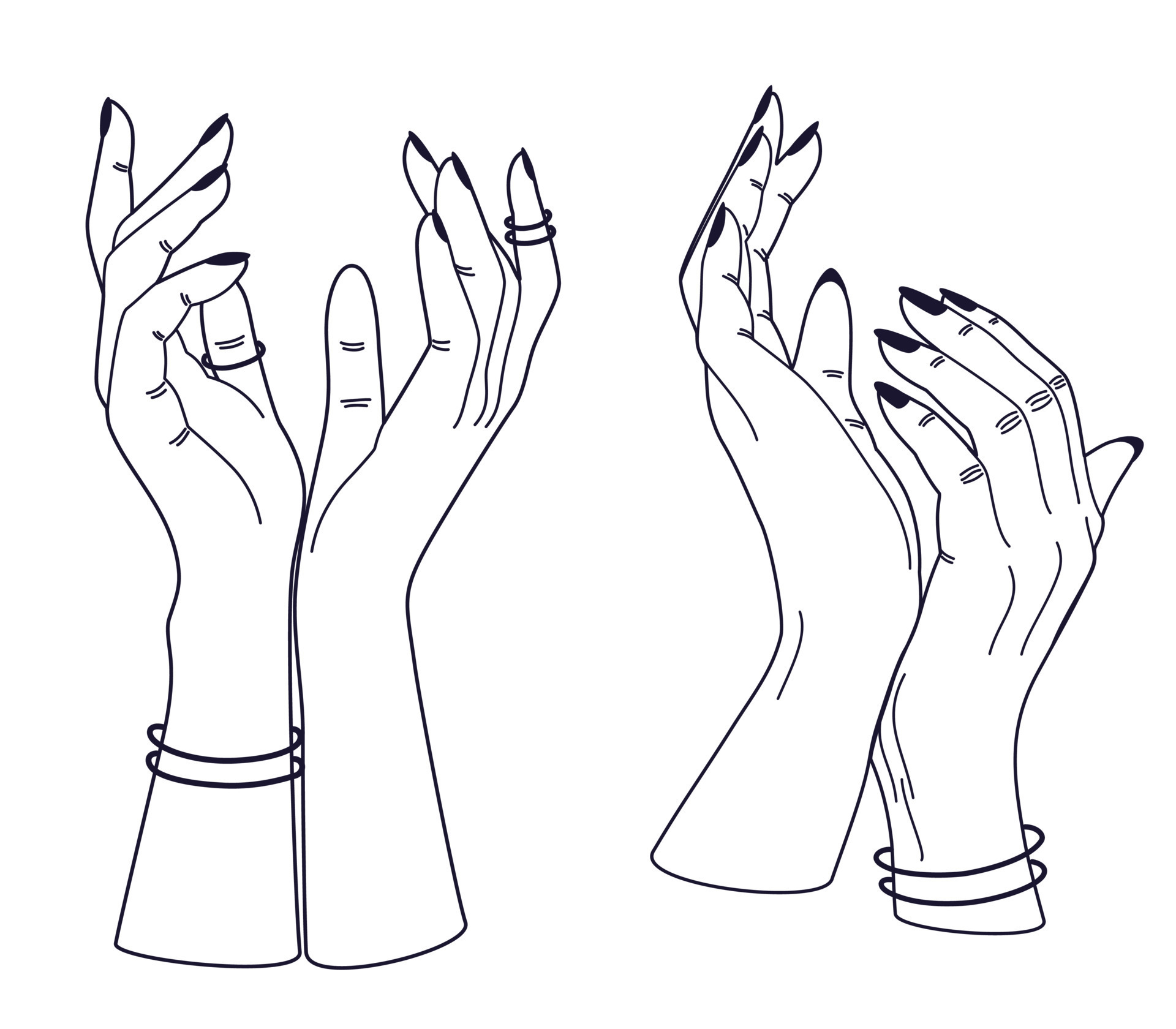 Women's hands line art. Elegant hands in different poses, ideal for