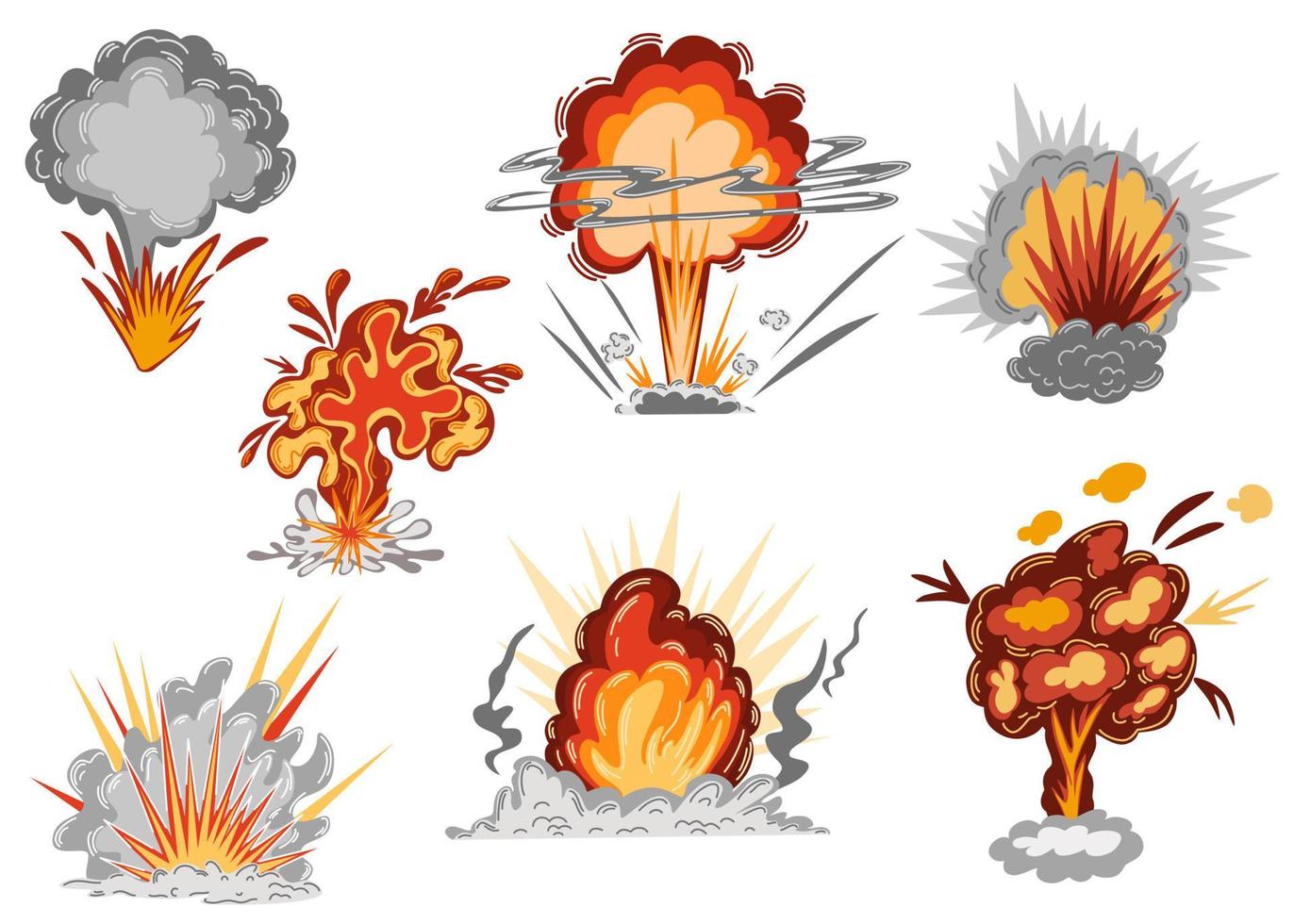 explosiones recopilación. un explosión desde un bomba, un atómico o nuclear explosión. el concepto de destrucción, guerra y armas mano dibujado vector ilustración aislado en el blanco antecedentes.