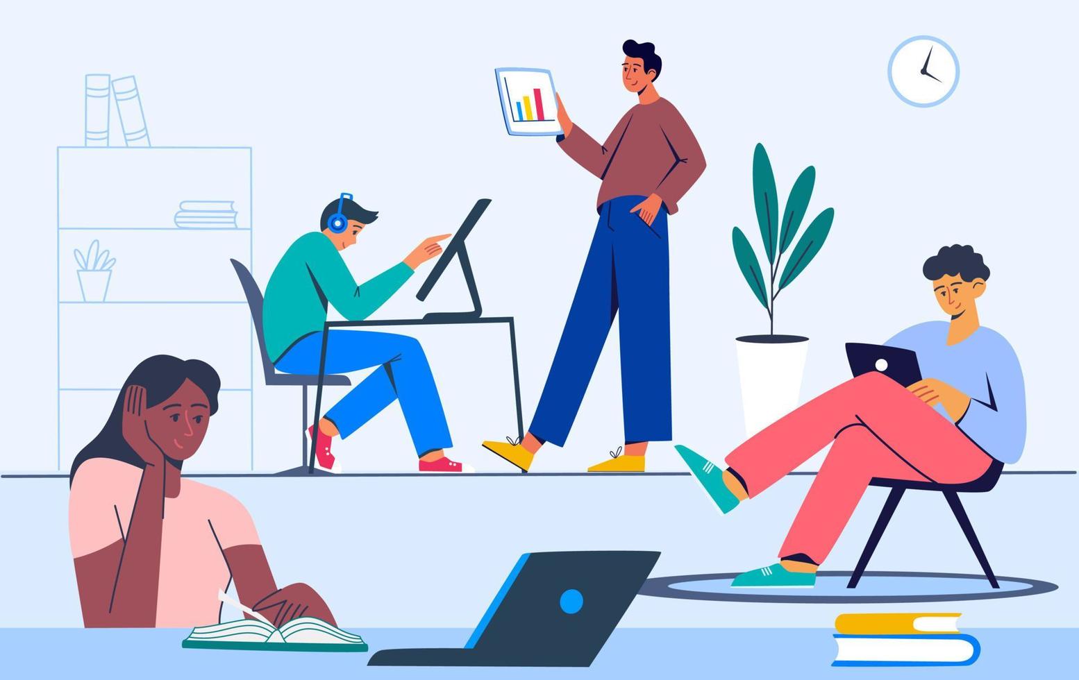 Coworking. People talk and work at computers in an open space office. The concept of a coworking center. Business meeting. A multicultural team. General working environment. Vector flat illustration.