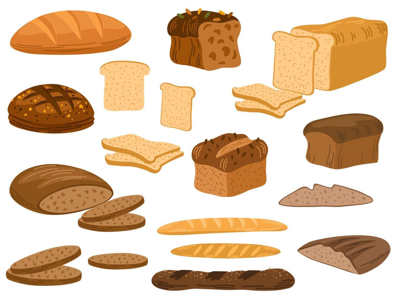 Bread vector collection. Cuisine cartoon bakery food, wheat bread, pretzel, cupcake, pita bread, ciabatta, croissant, bagel, toast bread, french baguette for bakery menu design. Cartoon illustration.