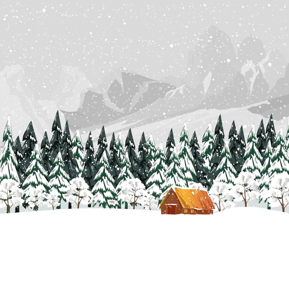 invierno bosque paisaje con madera granero, abeto arboles y pinos en Nevado día.vector dibujos animados horizonte conífero bosque con nieve que cae a noche,telón de fondo antecedentes bandera para navidad, nuevo año decoración vector