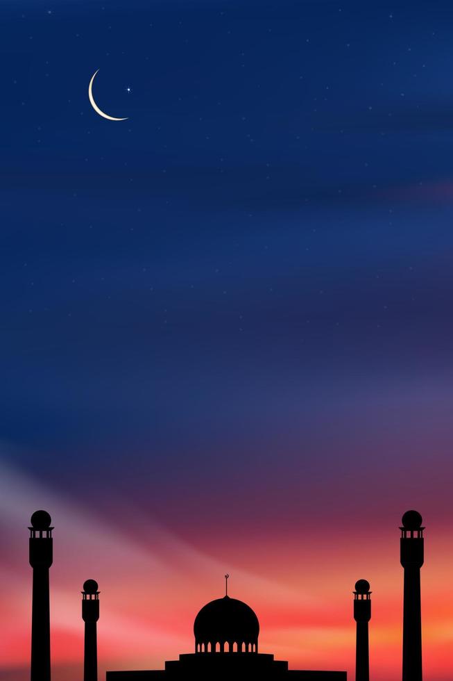 islámico tarjeta con mezquitas cúpula, media luna Luna en azul cielo fondo,vertical bandera Ramadán noche con crepúsculo oscuridad cielo para islámico religión, eid al-adha, eid mubarak, eid Alabama fitr, ramadán kareem vector