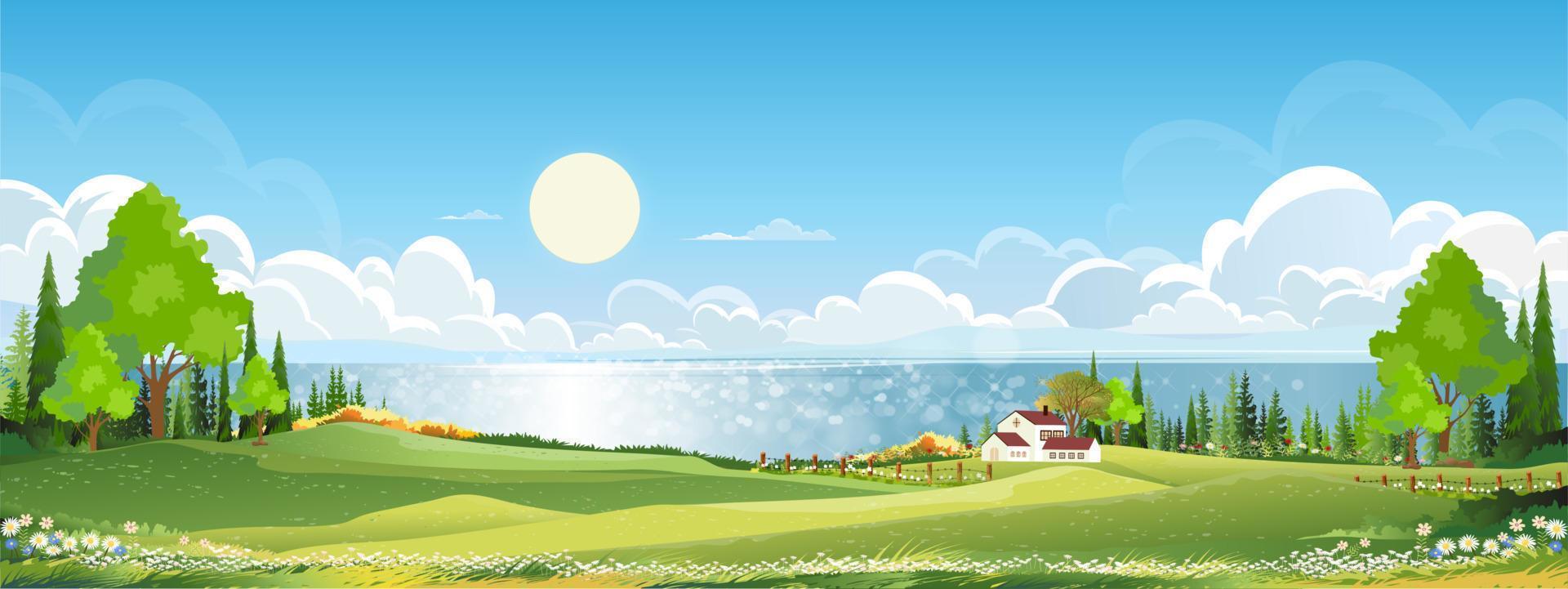 Nature Spring landscape village,Country house,Green Field with Cloud, Blue Sky,Vector horizon Natural rural Countryside with forest tree,Mountains in Sunny day,Cartoon Vector for Spring, Summer banner