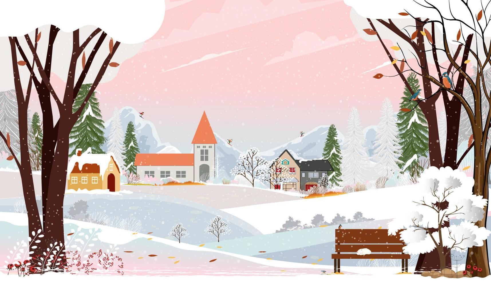 Winter landscapes city park with cat sleeping on bench in garden,Cute Christmas day in village,Vector cartoon horizon backdrop background Winter wonderland with mountain, Cloud and Pink Sky background vector