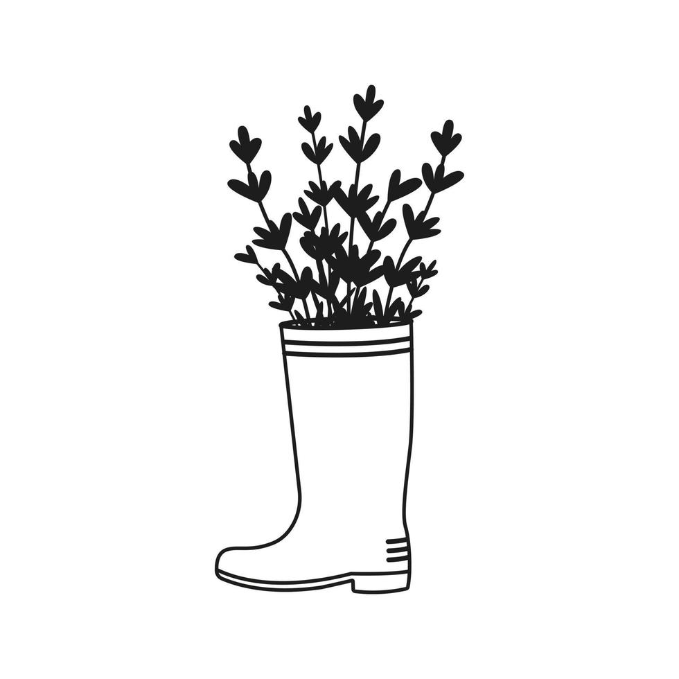 Rubber boot with hand drawn lavender flowers. Vector illustration.