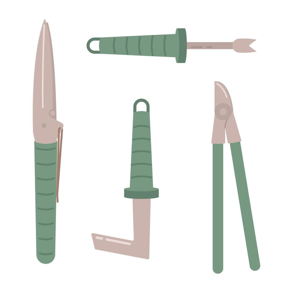 Garden equipments, tools set isolated on white background. Seasonal garden work. Spring vector llustration.