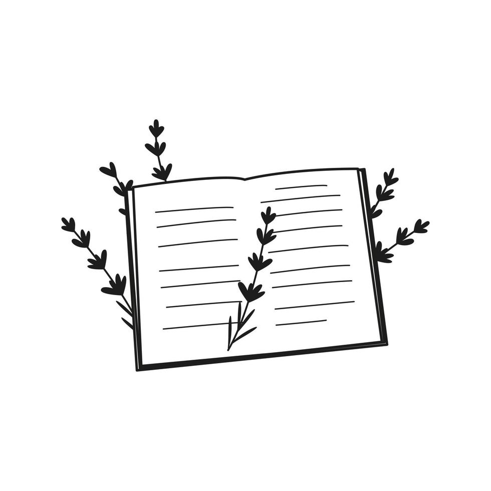 Opened book with hand drawn lavender flowers. vector