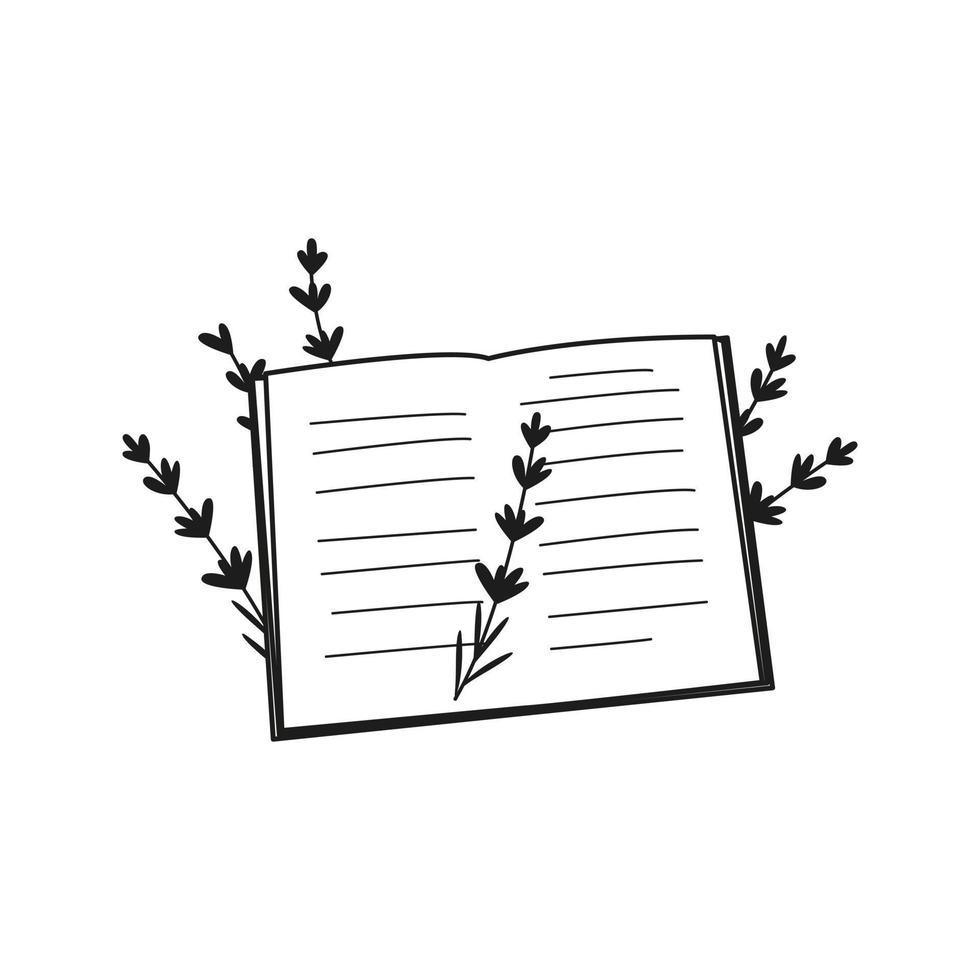 Opened book with hand drawn lavender flowers. vector