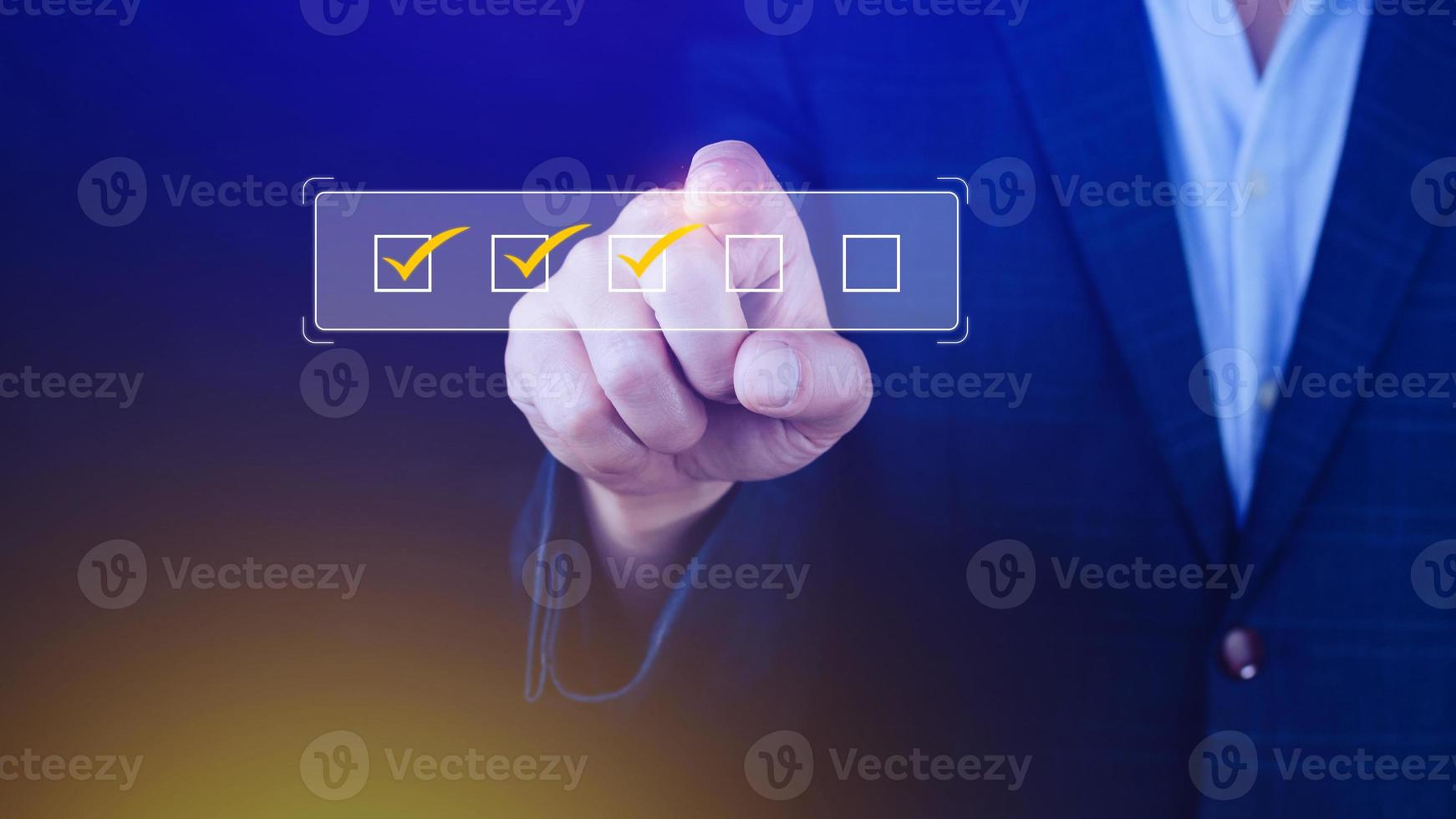 Businessman tick correct sign mark for document approve , project acceptance and quality assurance concept, take an assessment, questionnaire, evaluation, online survey online exam check list photo