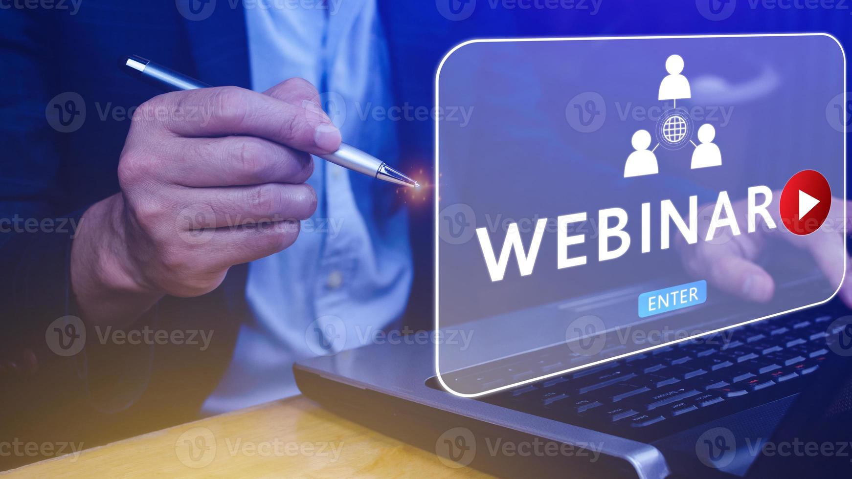 Businessman using Laptop Computer with Webinar E-business Browsing Connection, online technology webcast, online education, Communication technology on web. elearning photo