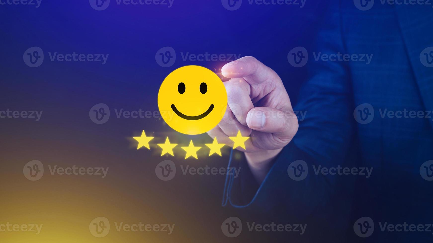 Customer services best excellent business rating experience, Positive Review and Feedback, Satisfaction survey concept. Hand of a businessman show happy smile face with five star. photo