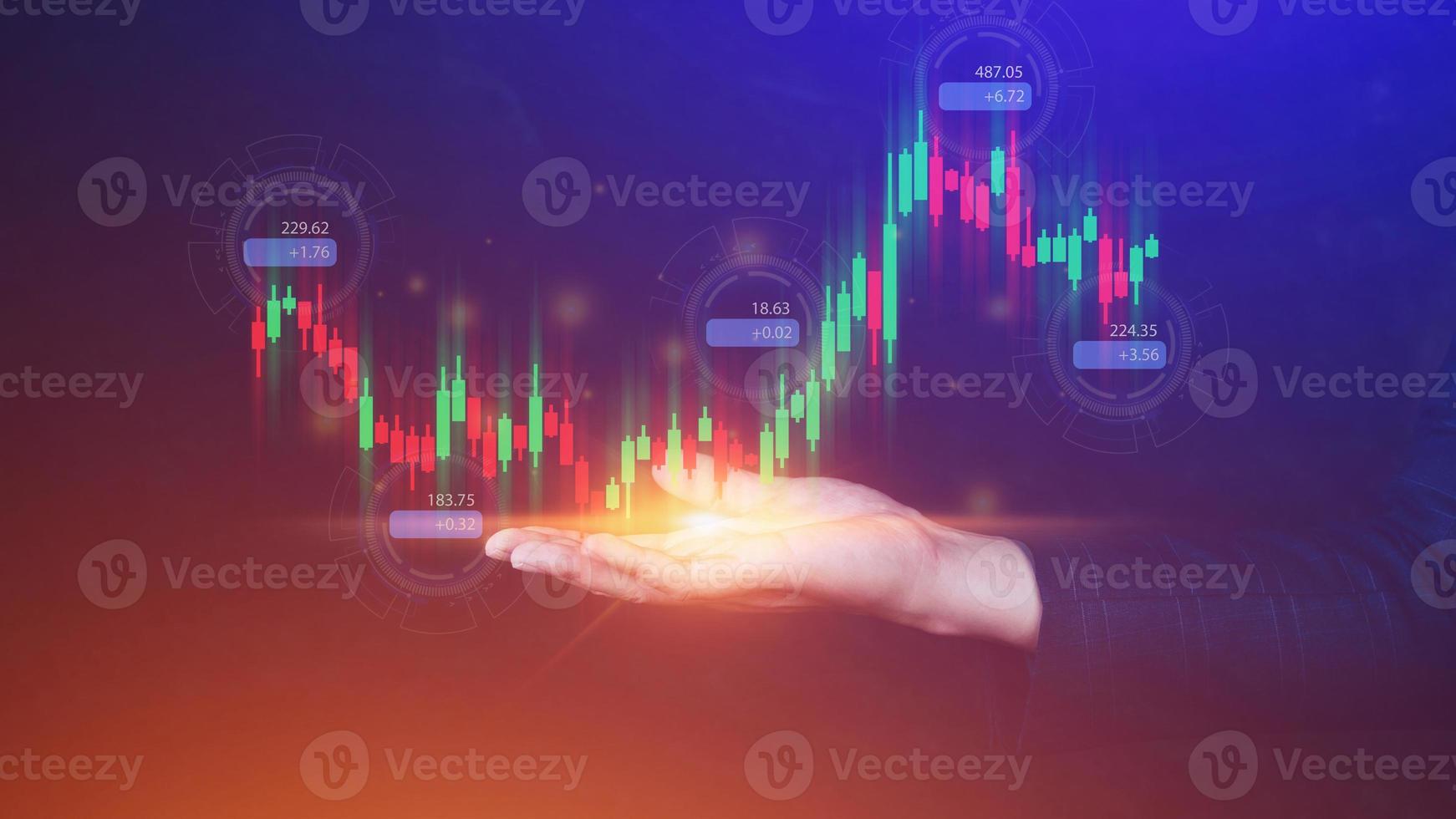 Hand of businessman or trader is showing growing virtual hologram stock, planning and strategy, Stock market, Business growth, progress or success concept. invest in trading. photo