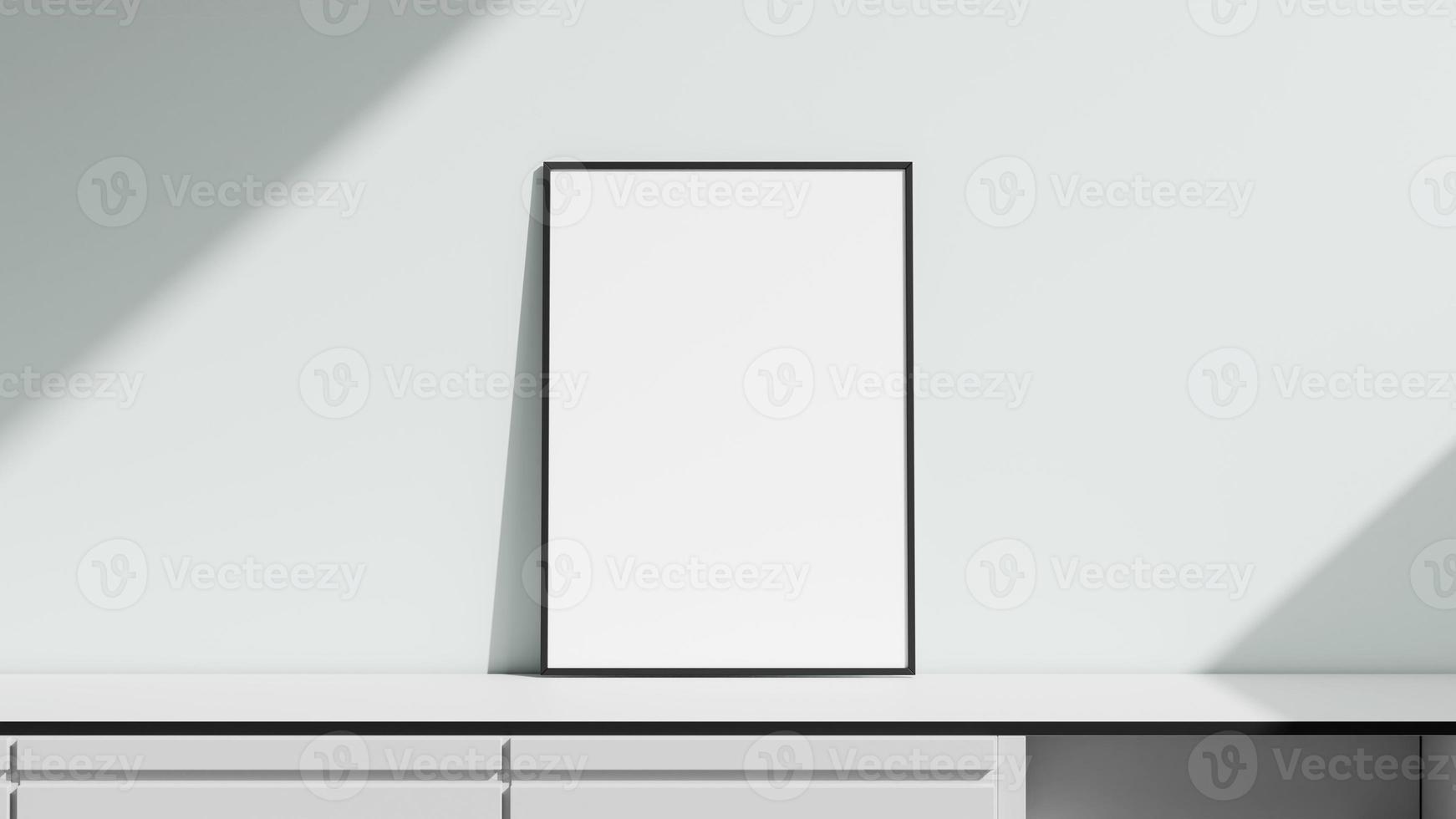 Home interior poster mockup with thin frame on white wall background. 3D rendering. photo