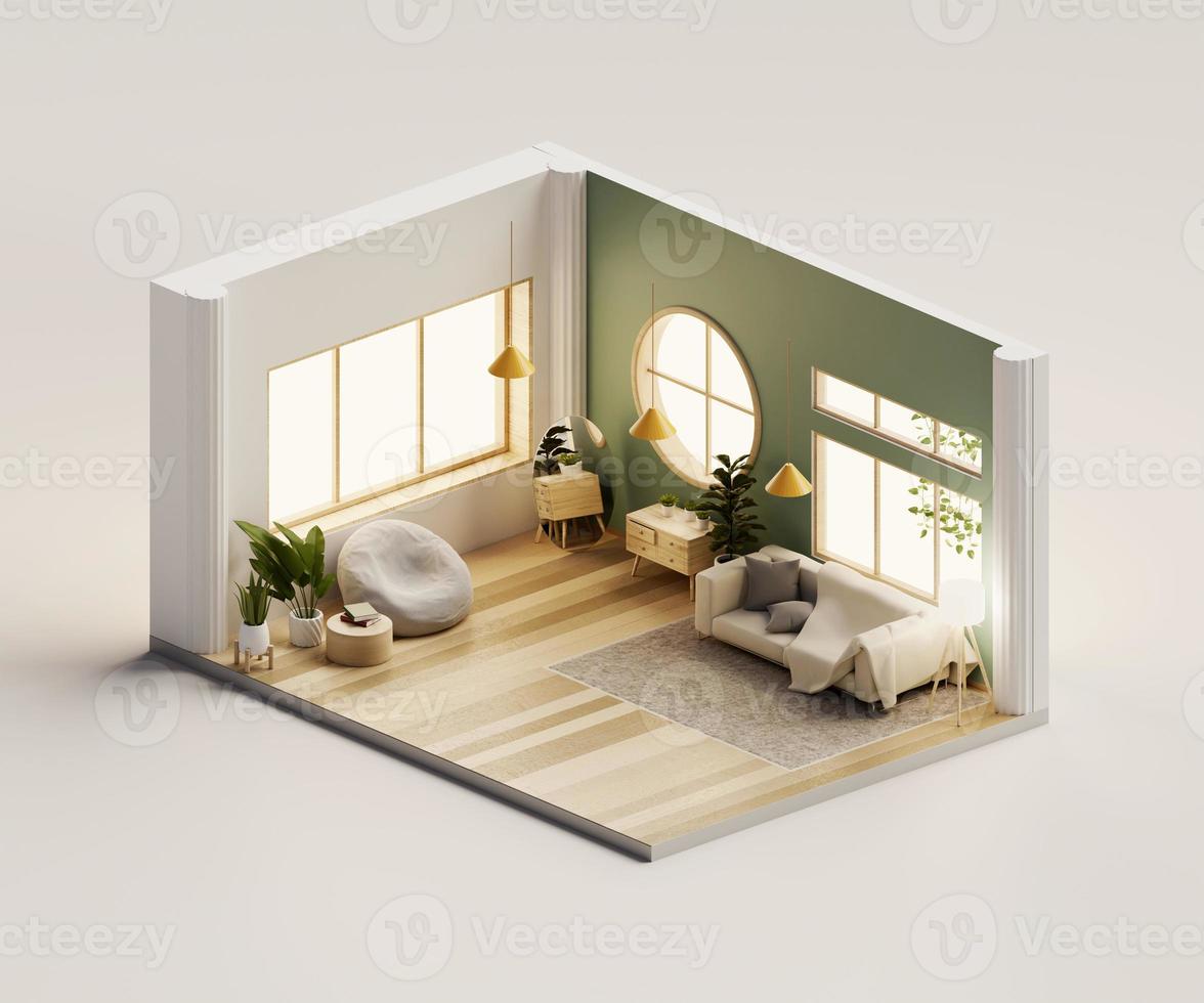 Isometric view living room muji style open inside interior architecture, 3d rendering digital art. photo
