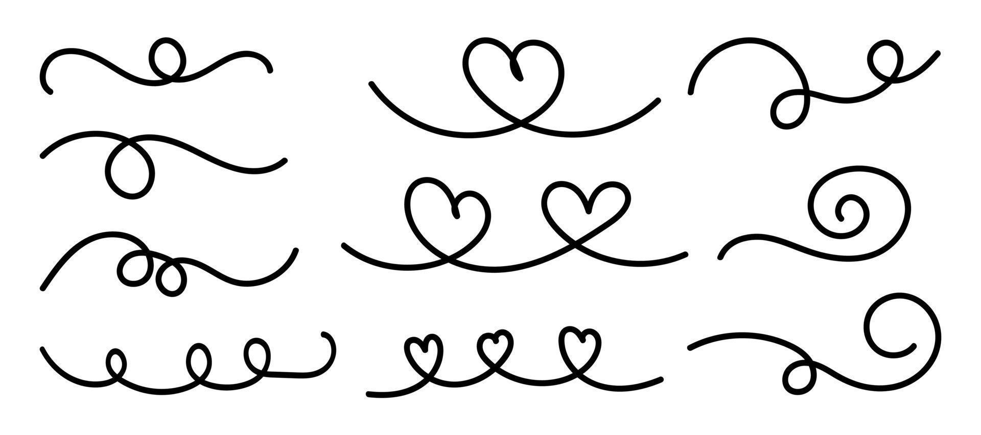Swish doodle underline set. Hand drawn swoosh elements, calligraphy swirl. Swash decorative strokes on white background, vector illustration