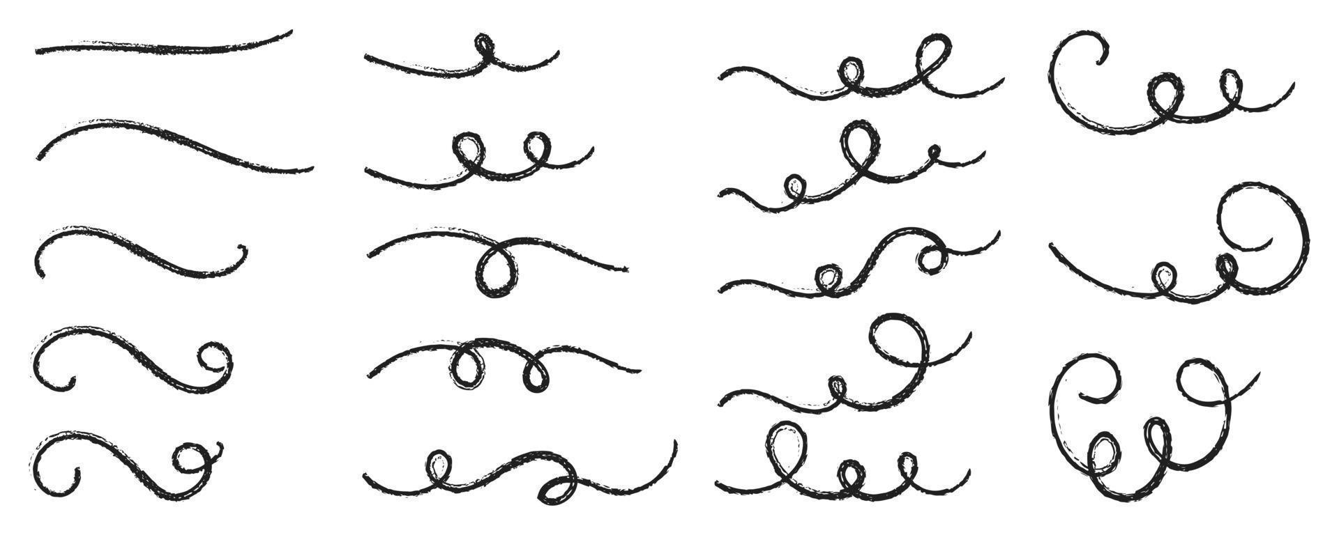 Swish doodle underline set. Hand drawn swoosh elements, calligraphy swirl. Swash decorative strokes on white background, vector illustration