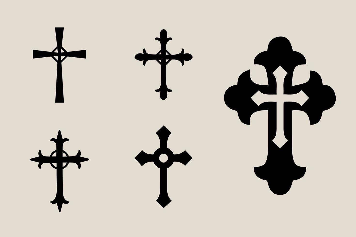 decorativo crucifijo religión católico símbolo, cristiano cruces ortodoxo fe Iglesia cruzar íconos diseño, aislado plano colocar. vector