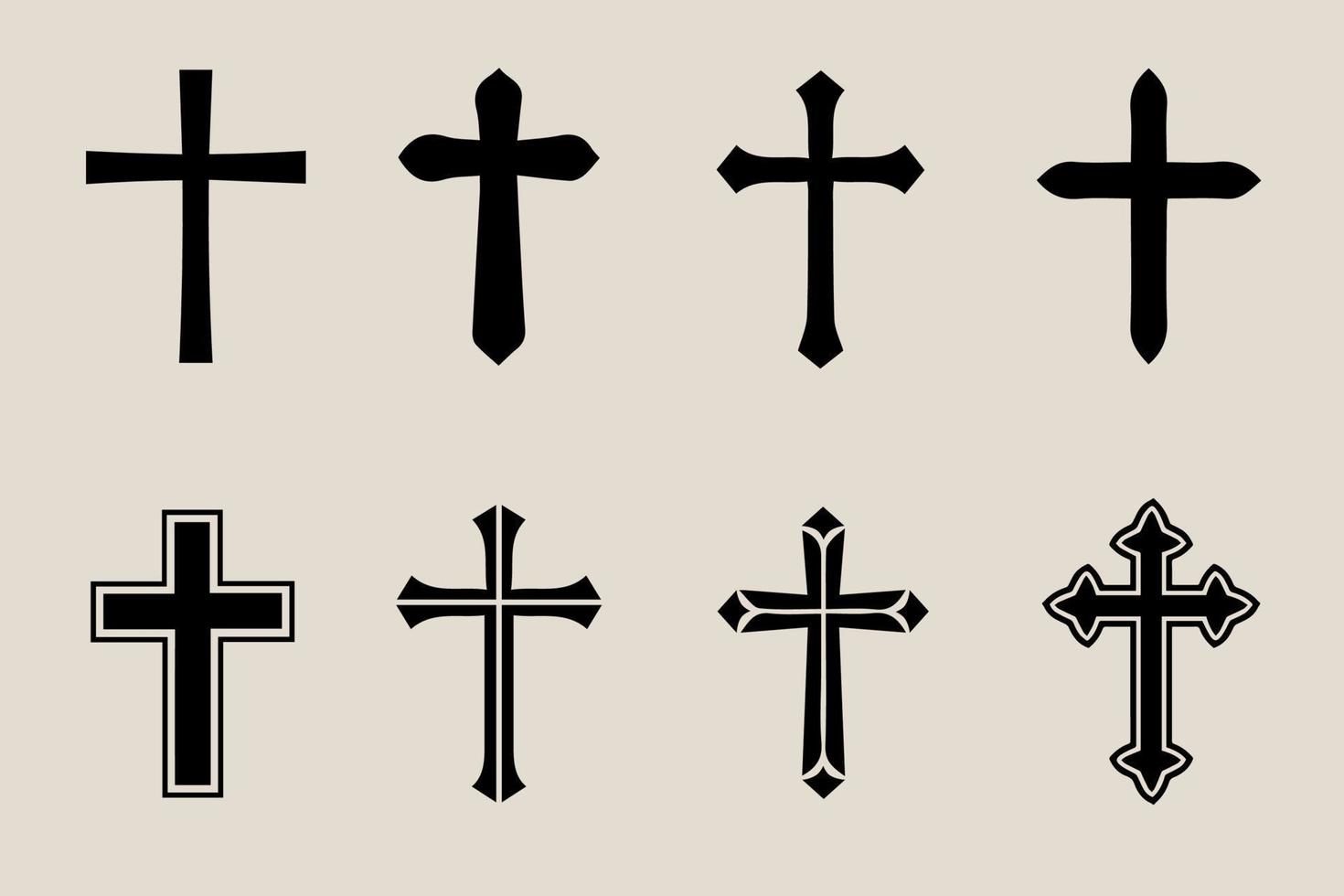 Decorative crucifix religion catholic symbol, Christian crosses. orthodox faith church cross icons design, isolated flat set. vector