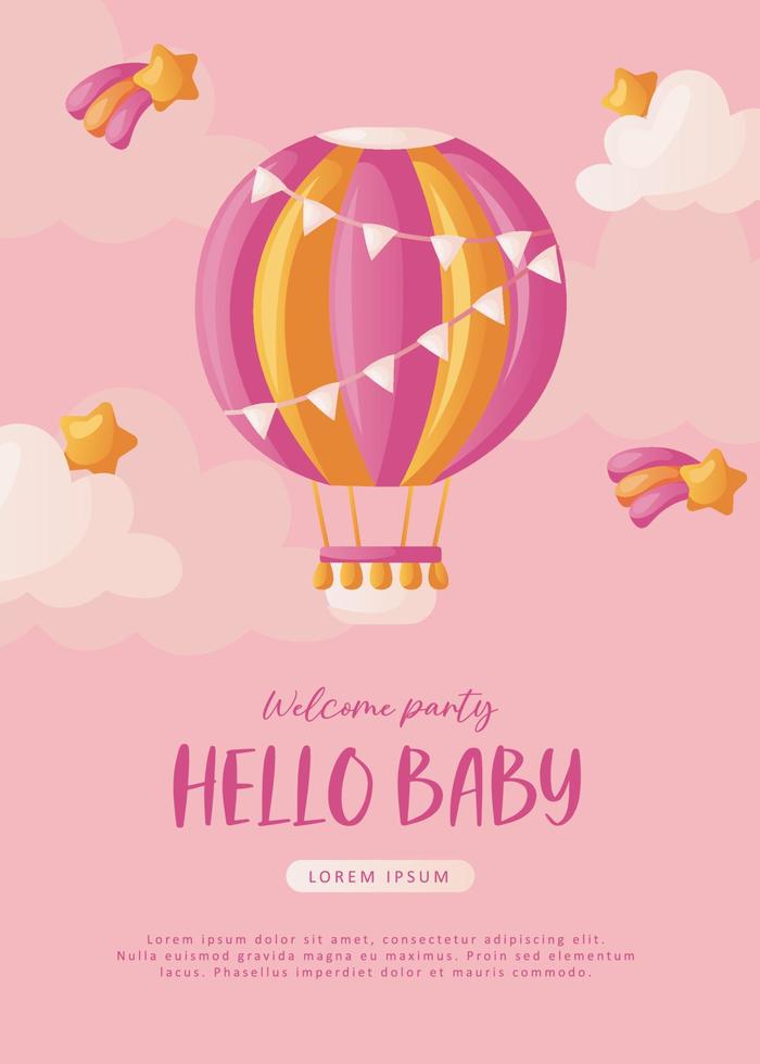 Baby shower invitation with with hot air balloon, stars, helium balloons and clouds on pink. Lettering It's a girl. Hello baby celebration, holiday, event. Banner, flyer. Cartoon vector