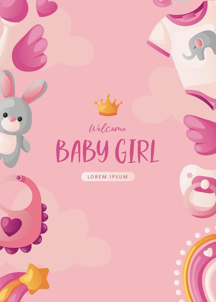 Baby shower invitation with clothes, stars, toys, rattle, wings helium balloons and heart  on pink. Lettering It's a girl. Hello baby celebration, holiday, event. Banner, flyer. Cartoon vector