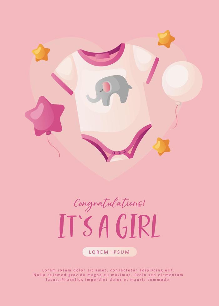 Baby shower invitation with clothes, stars, helium balloons and heart on pink. Lettering It's a girl. Hello baby celebration, holiday, event. Banner, flyer. Cartoon vector