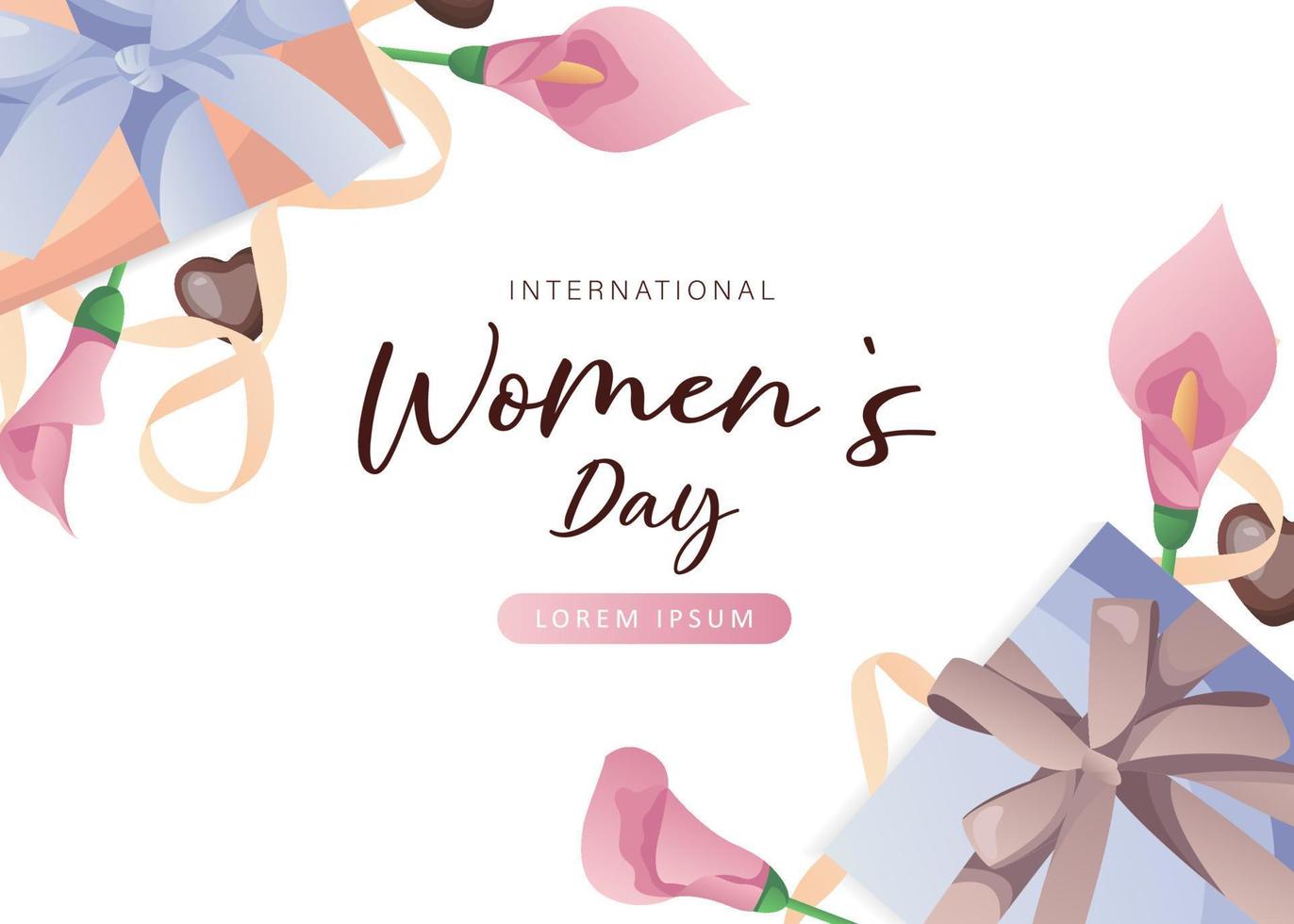 International Women's Day, 8 March banner design with number eight, pink calla lilies, chocolate hearts, gifts, ribbons. Romantic floral Mother's Day design for greeting card, poster, postcard, flyer. vector