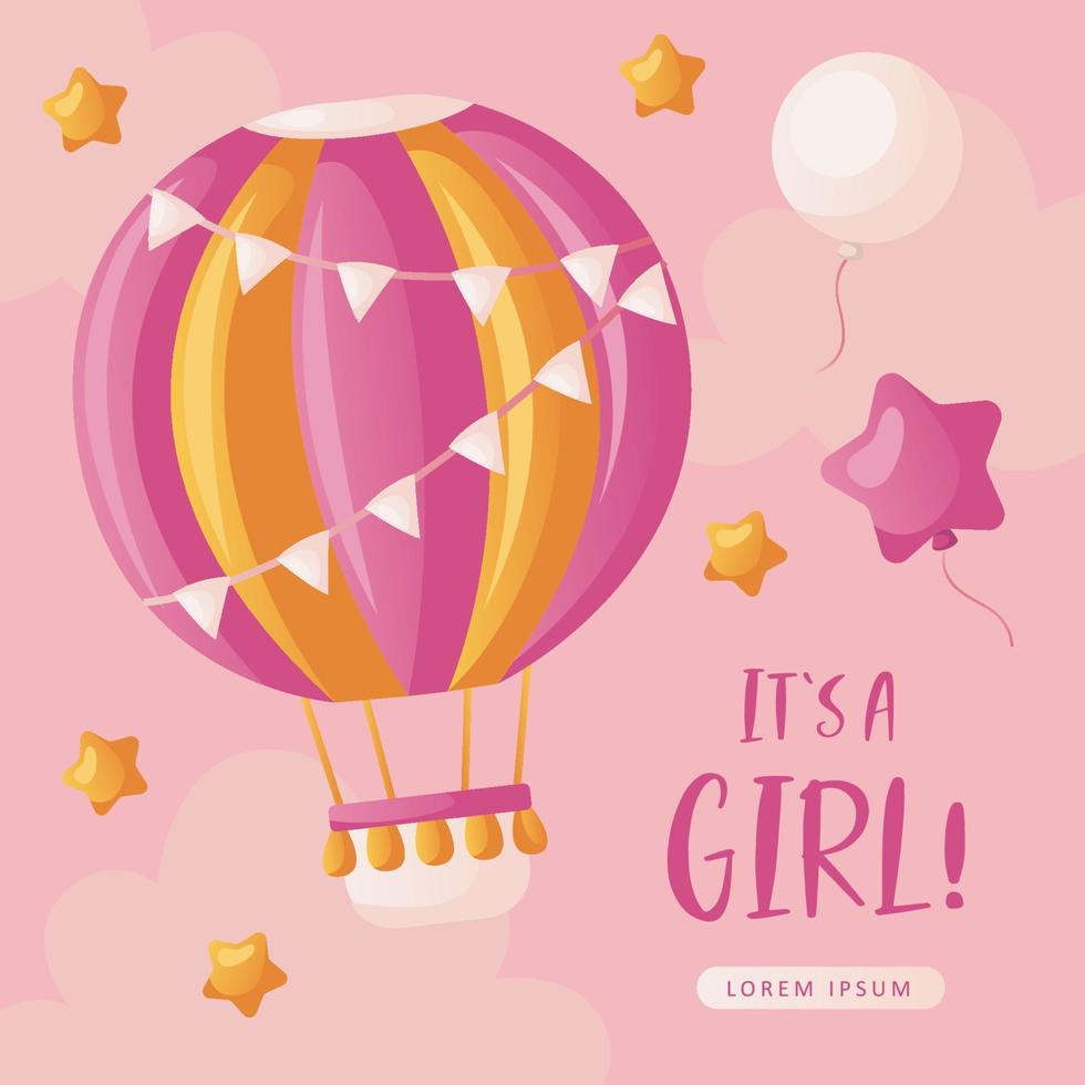 Baby shower invitation with hot air balloon, stars, helium balloons, stars, and clouds on pink. Lettering It's a girl. Hello baby celebration, holiday, event. Banner, flyer. Cartoon vector
