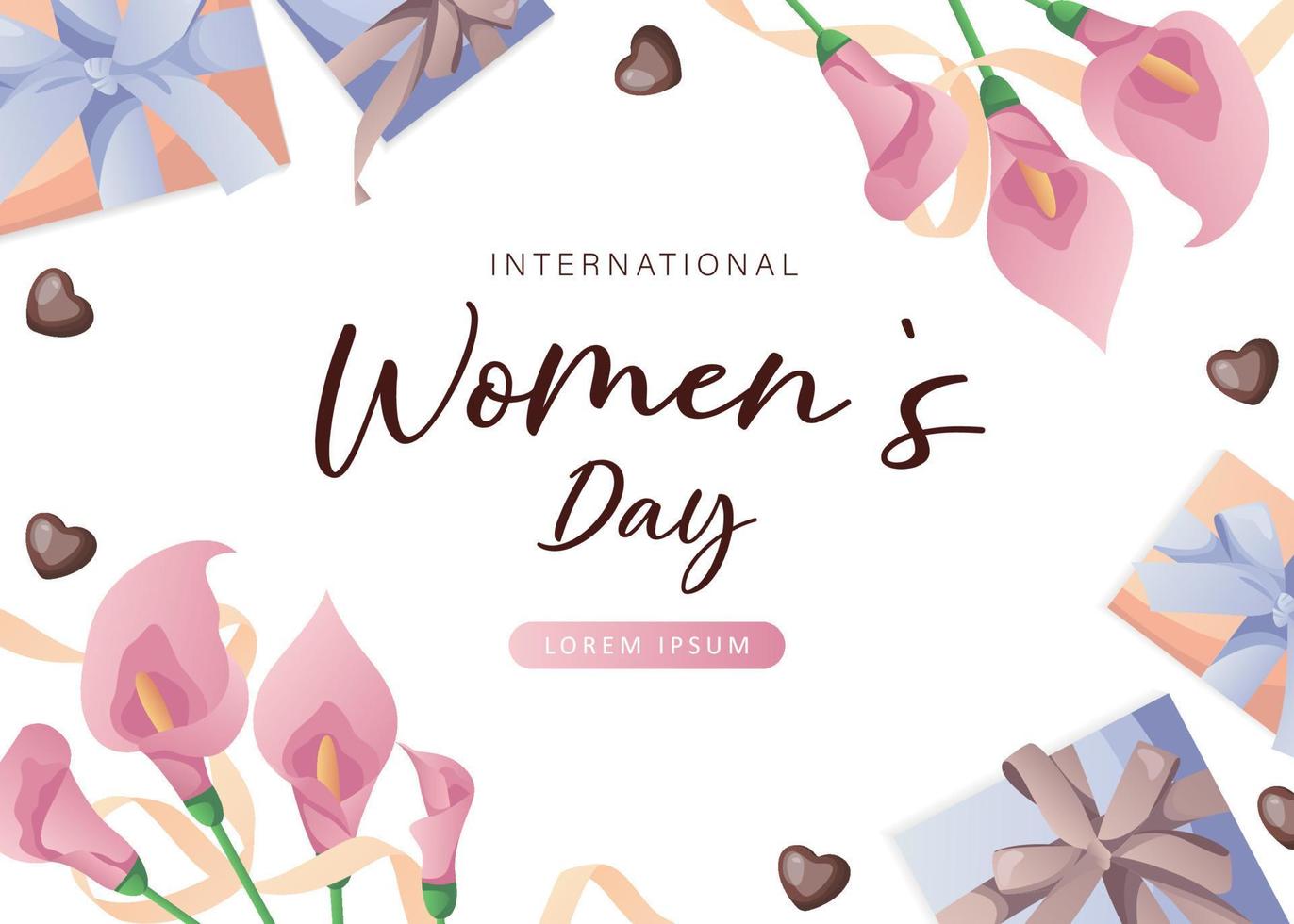 International Women's Day, 8 March banner design with number eight, pink calla lilies, chocolate hearts, gifts, ribbons. Romantic floral Mother's Day design for greeting card, poster, postcard, flyer. vector