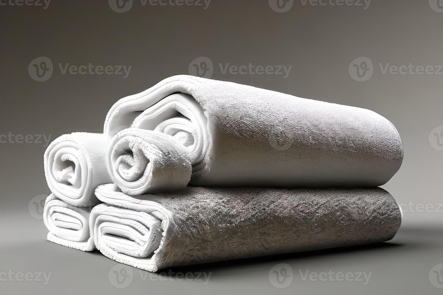 Clean various size white folded towel nice and tidy stack each other for fitness, bath, swimming, massage and spa marketing background and design material isolated on grey background. photo