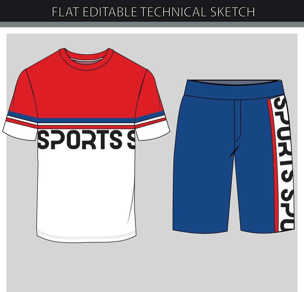 T-shirt and shorts color blocks red white blue combo set template mock-up vector file