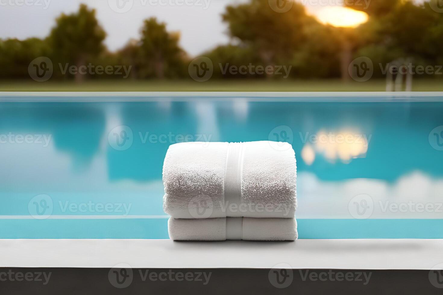 Clean two white color folded towel nice and tidy stack each other at the fitness, bath, swimming, swimming pool side for marketing background and design material. photo