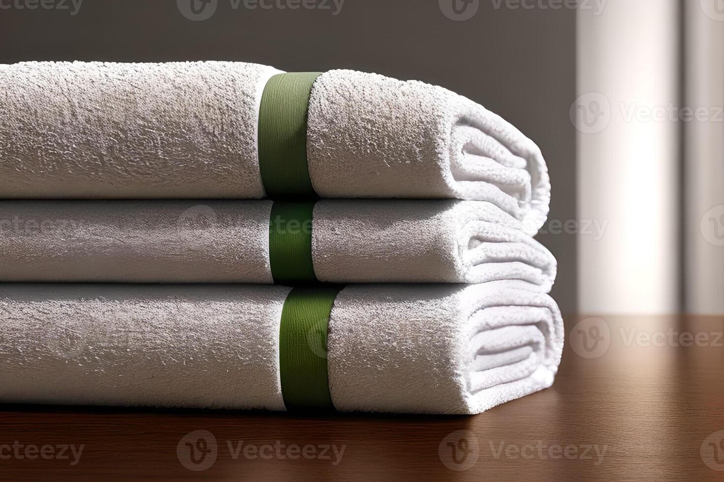 Clean three white color folded towel nice and tidy stack each other at the indoor table for fitness, bath, swimming, massage and spa marketing background and design material. photo