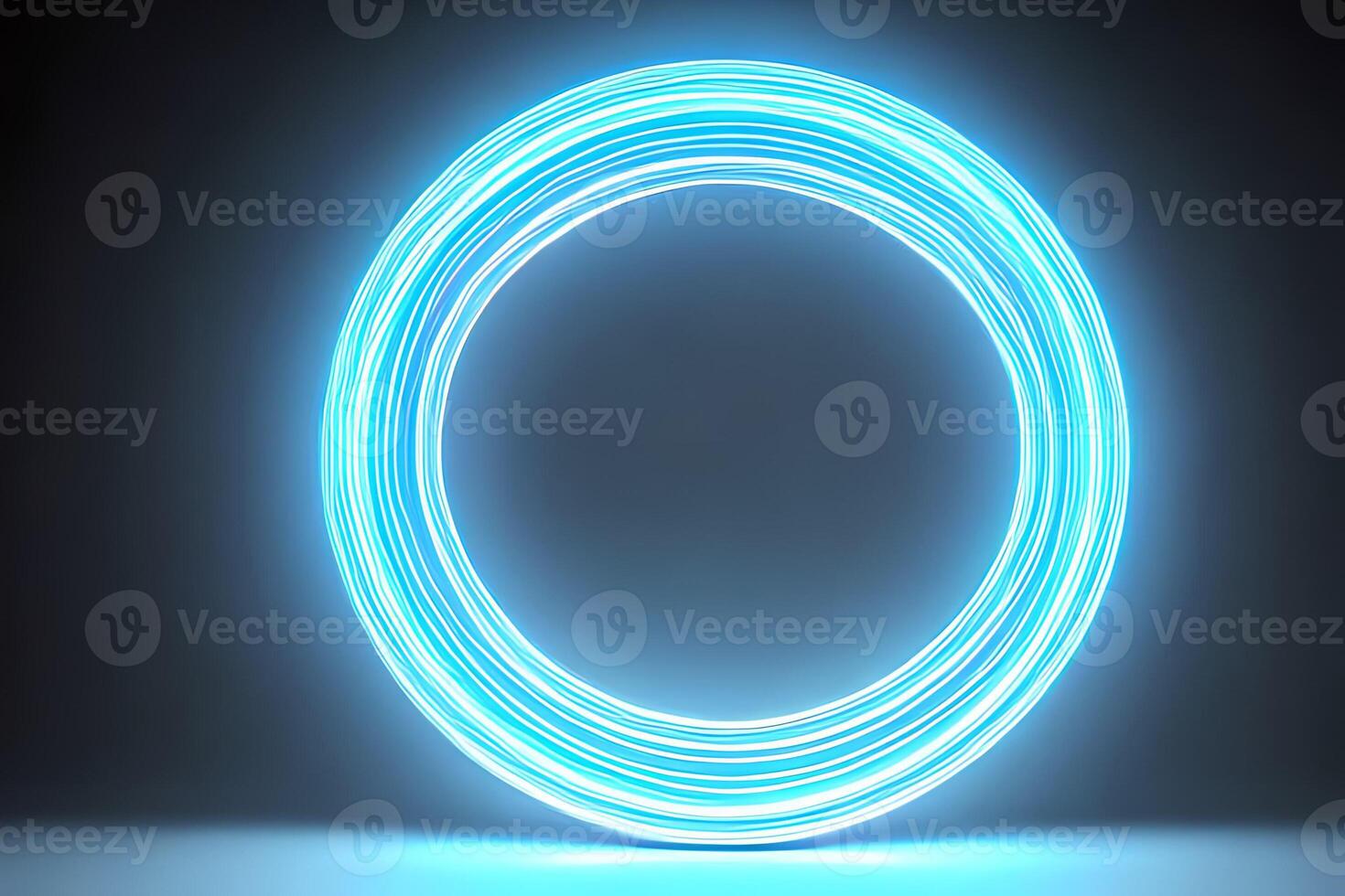 Standing bright center blue circle neon light background and backdrop. photo