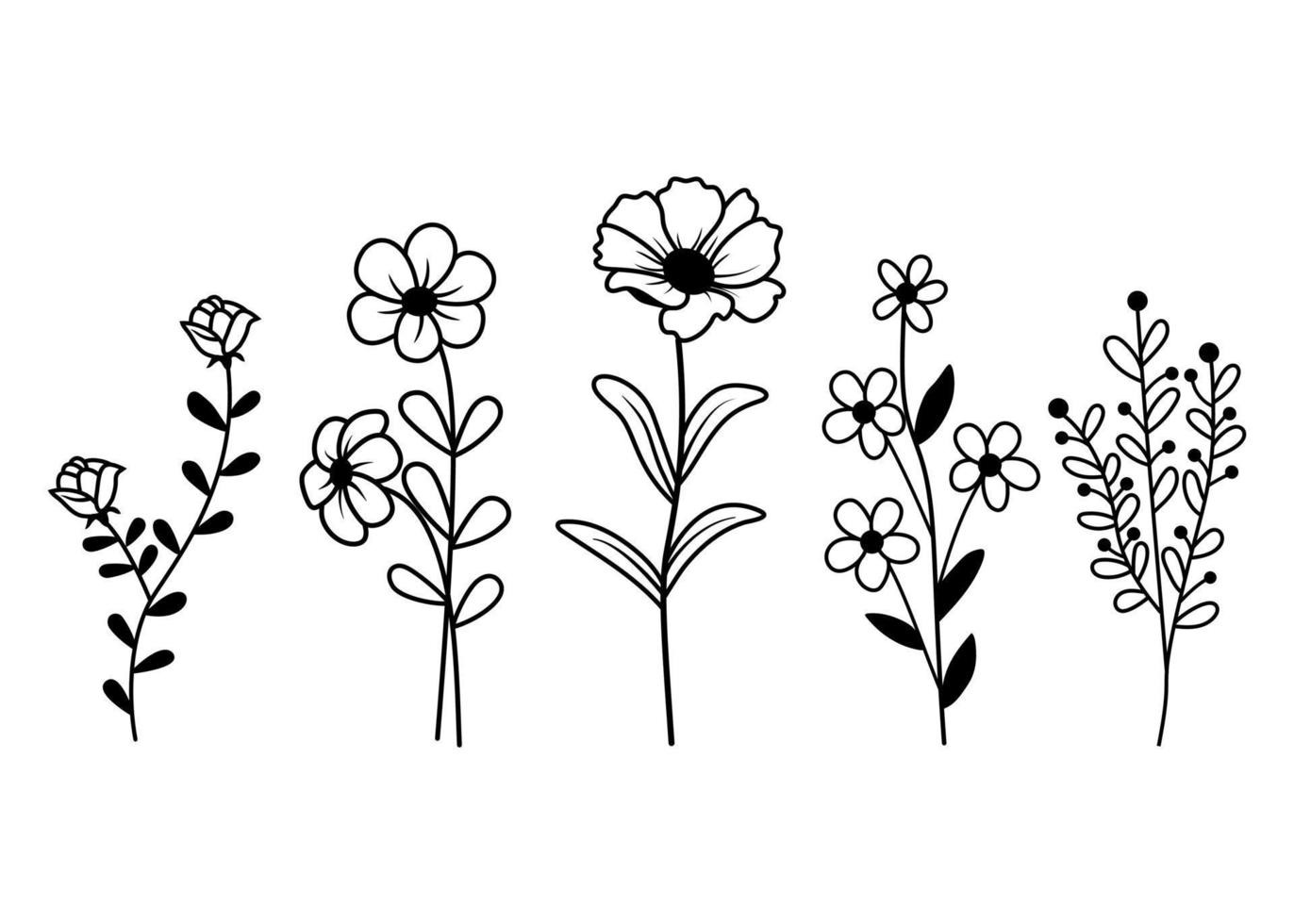 Hand Drawn Wildflowers Vector Collection minimalist style vector illustration isolated on white