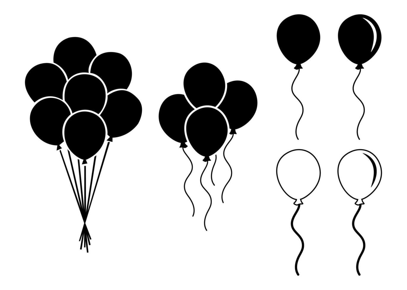 Set of different balloons isolated on white silhouette vector illustration