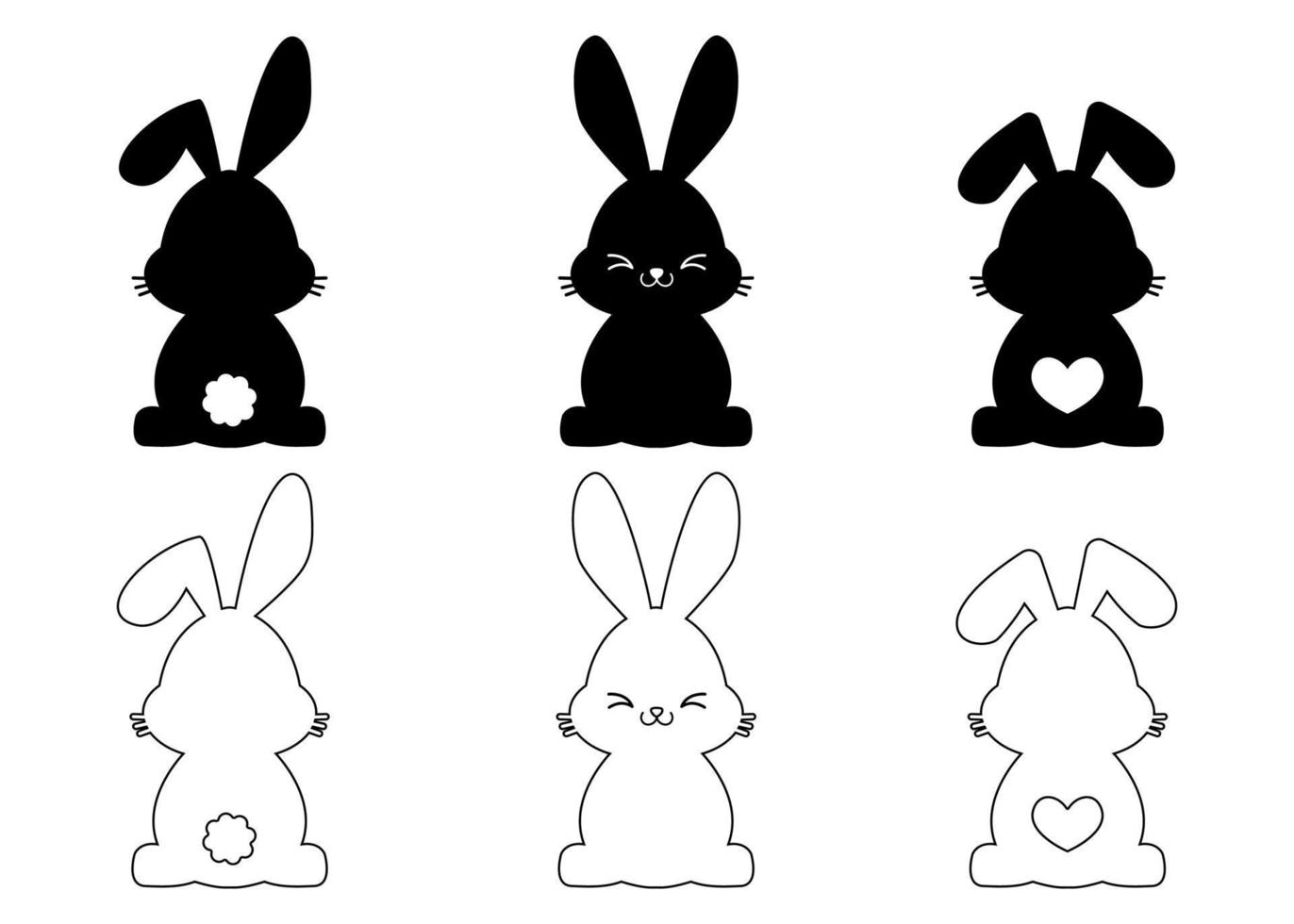 Silhouettes of bunnies isolated on a white background. Set of different rabbits hand drawn style vector