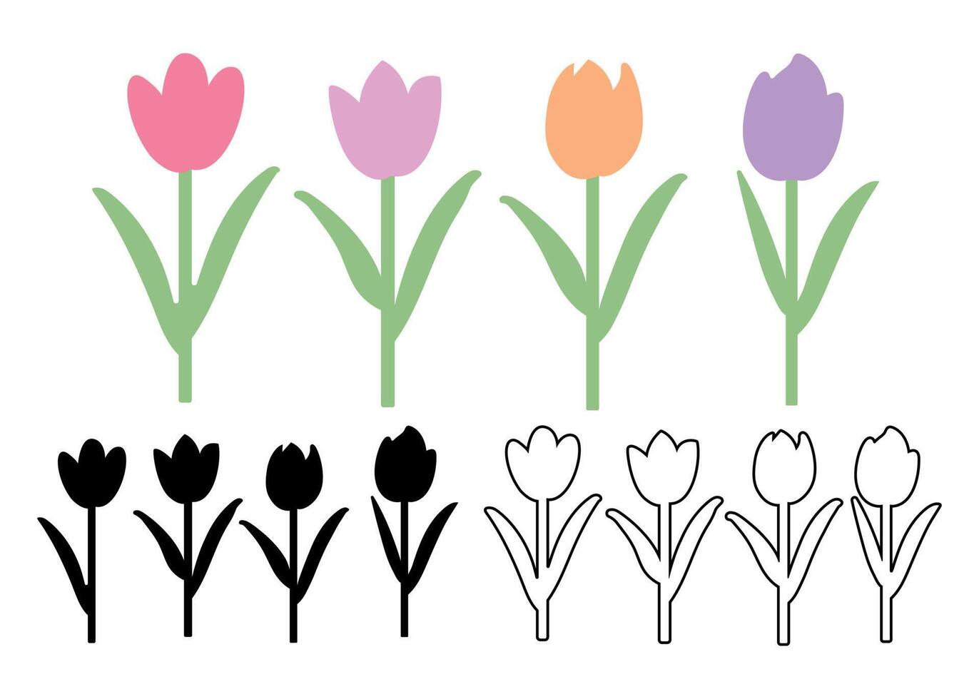 set of hand drawn tulips concept icons in black and white and pastel colors illustration vector