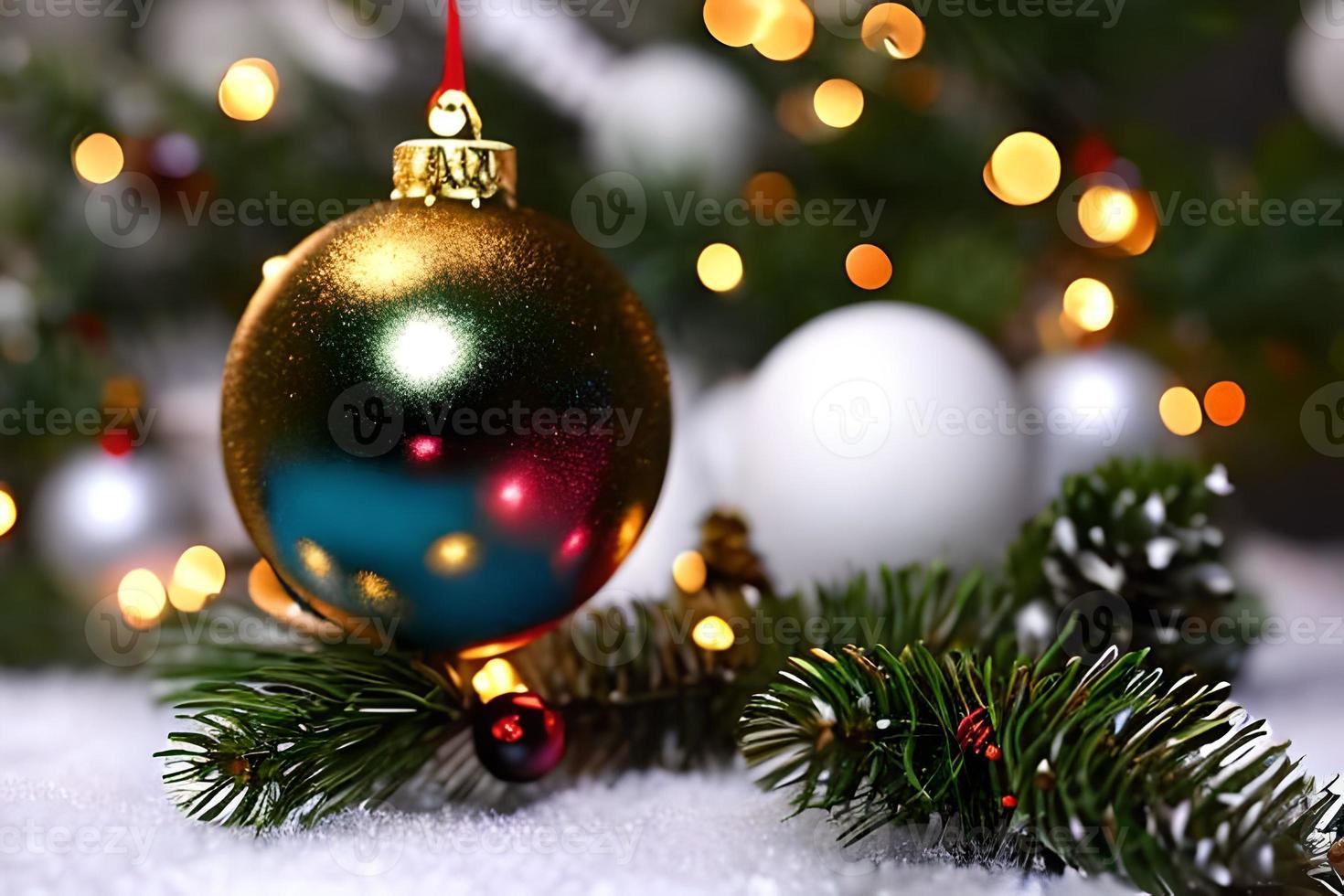 Hanging gold ball Christmas ornament decoration at the Christmas tree. Background for seasonal greetings. photo