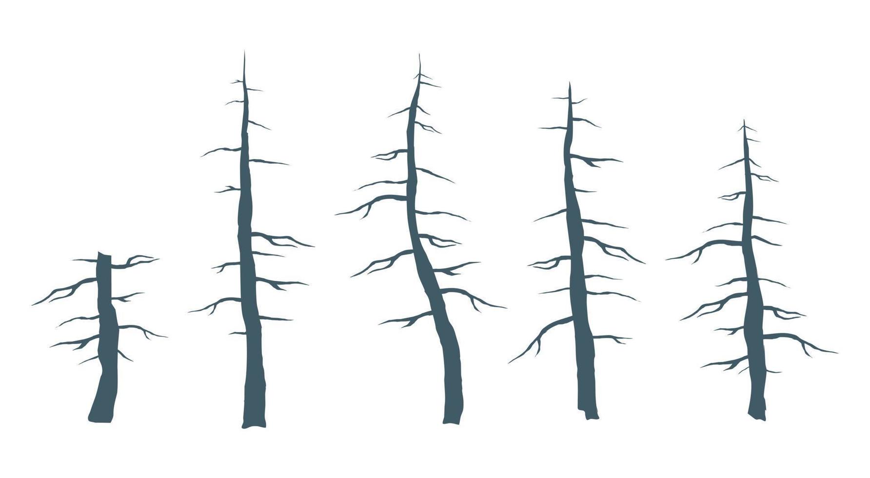 Set of five silhouettes of dry trees. Dry wood vector