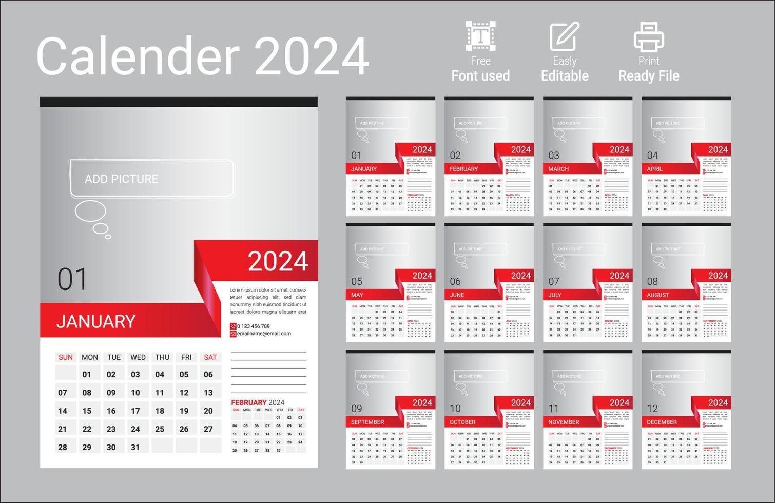 Calendar 2024, Set Desk Calendar template design with Place for Photo and Company Logo. The week starts on Sunday. Set of 12 Months vector