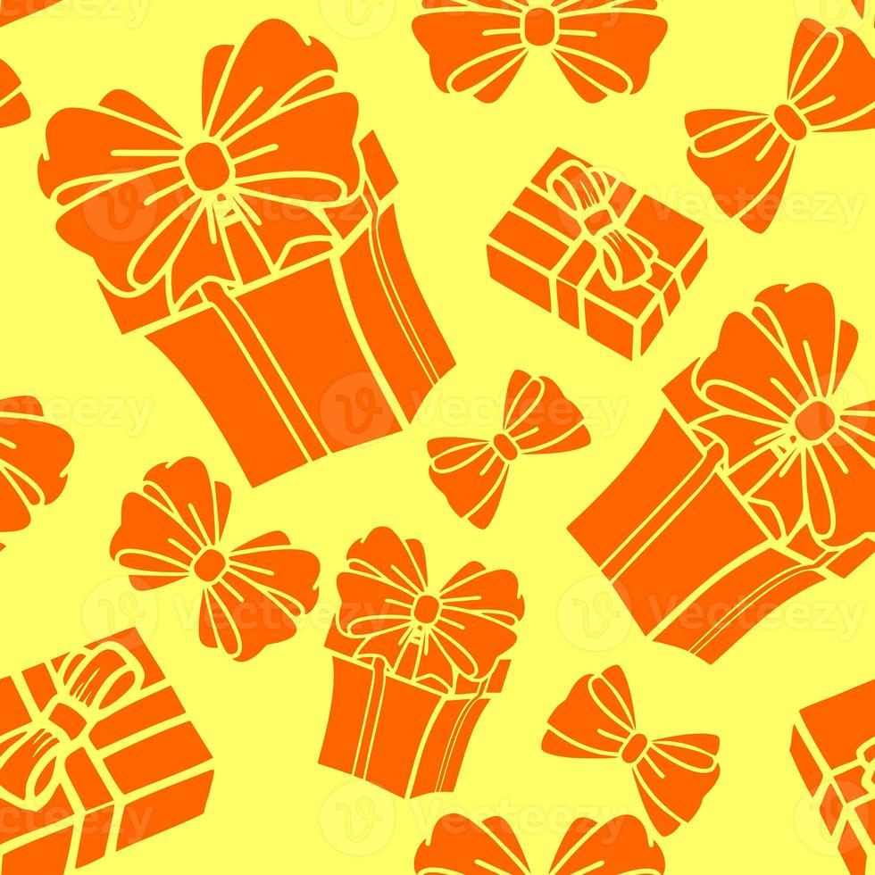 seamless asymmetric pattern of orange gift boxes on a yellow background, texture, background photo