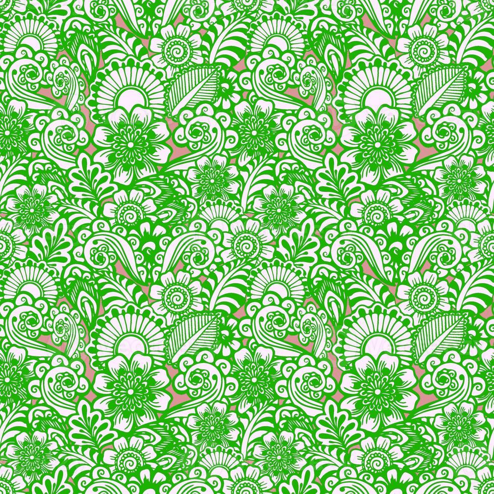 seamless floral yellow-pink pattern of stylized elements with green outline, texture, design photo