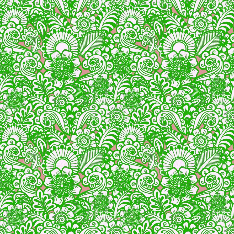 seamless floral yellow-pink pattern of stylized elements with green outline, texture, design photo