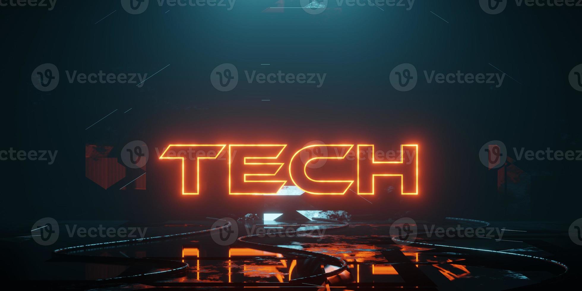 3D rendering of a neon sign with the word Tech in the center. Abstract scene with neon light. photo