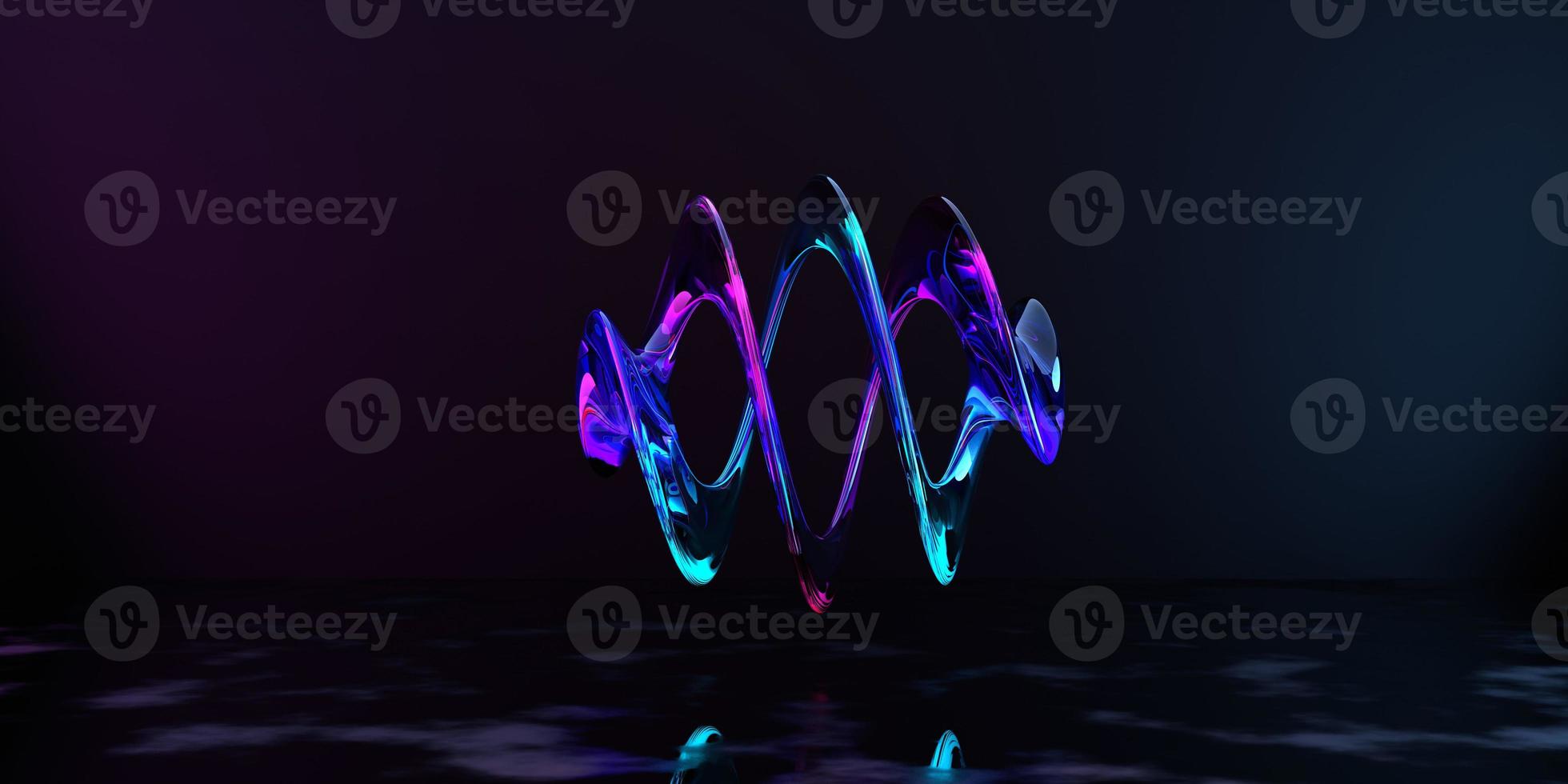 3d render, abstract pink blue curvy glass ribbon and reflection on the ground . pink blue neon light effect. photo