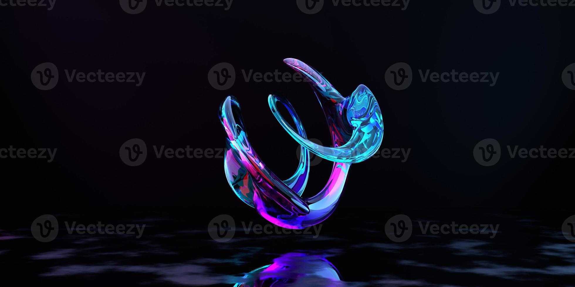 3d render, abstract pink blue curvy glass ribbon and reflection on the ground . pink blue neon light effect. photo