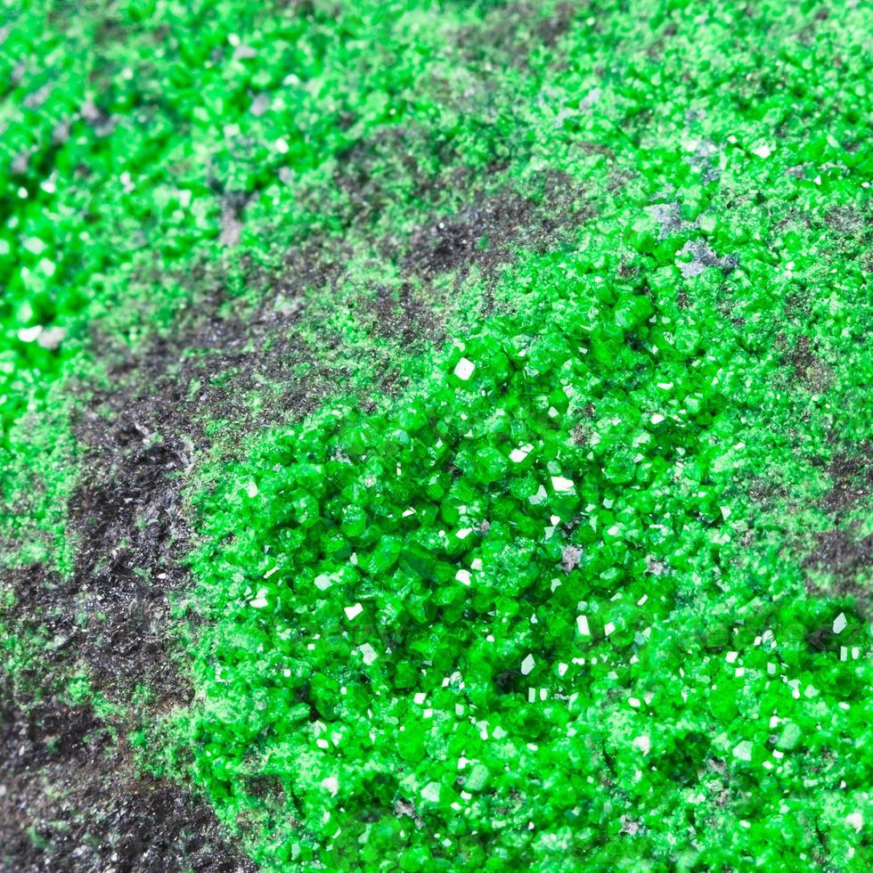 green uvarovite crystals on rock close up photo