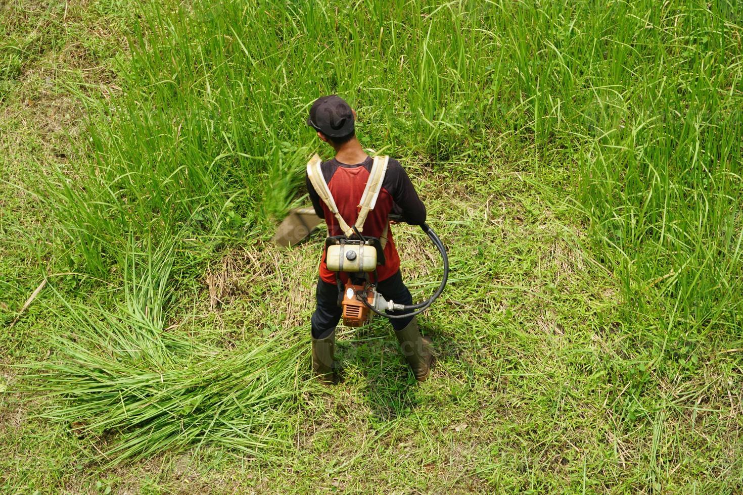 Top view of a man in a robe mowing the grass with a trimmer photo