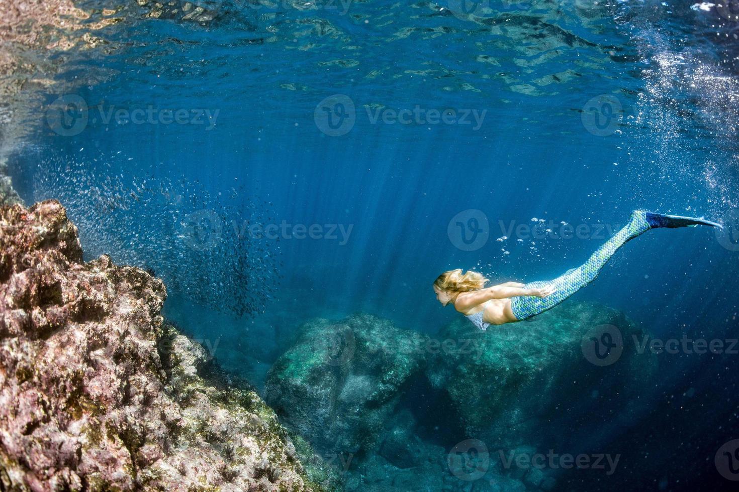 Mermaid Blonde beautiful siren diver underwater portrait photo